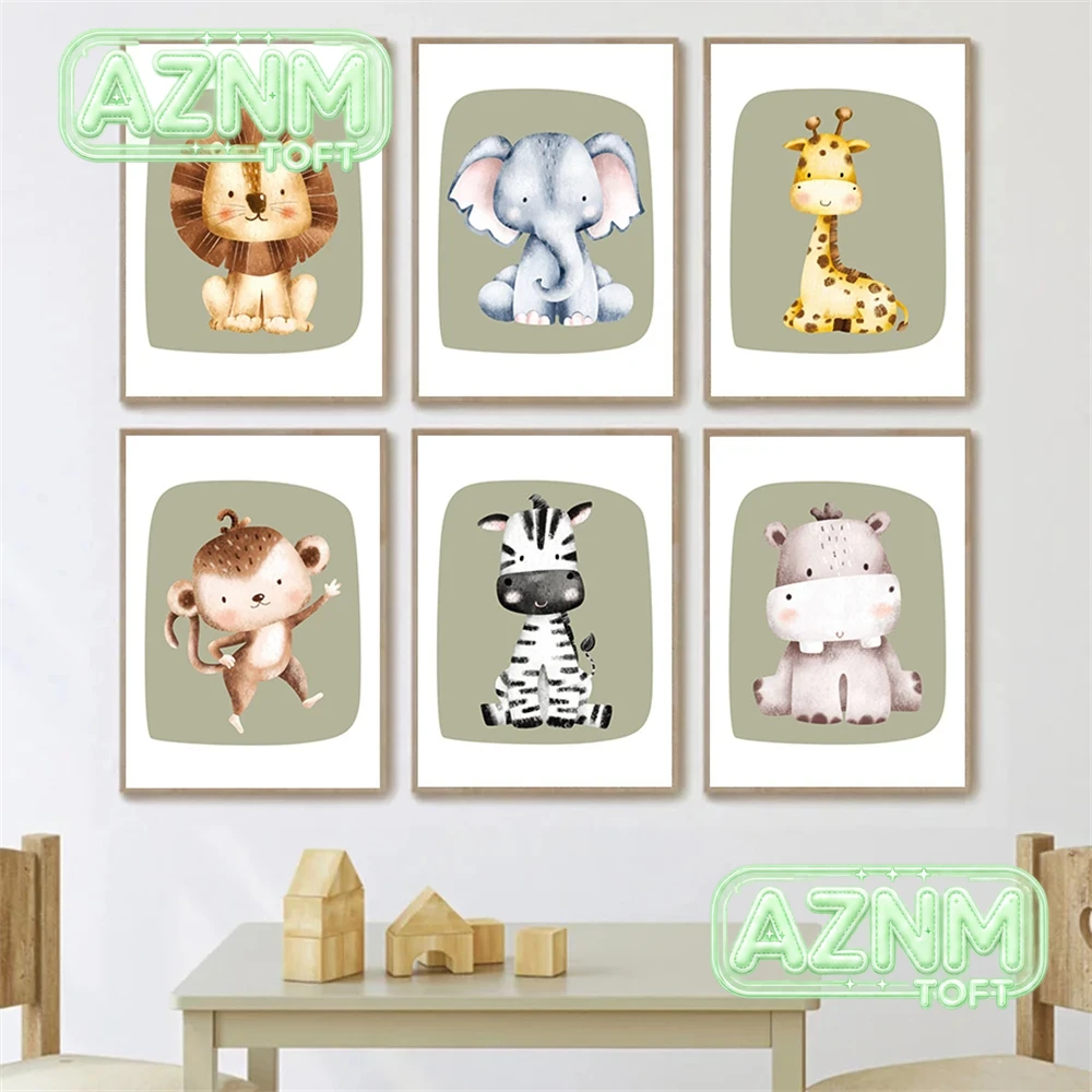 Baby Nursery Green - لوحة قماشية لطيفة لحيوانات (قرد، حمار