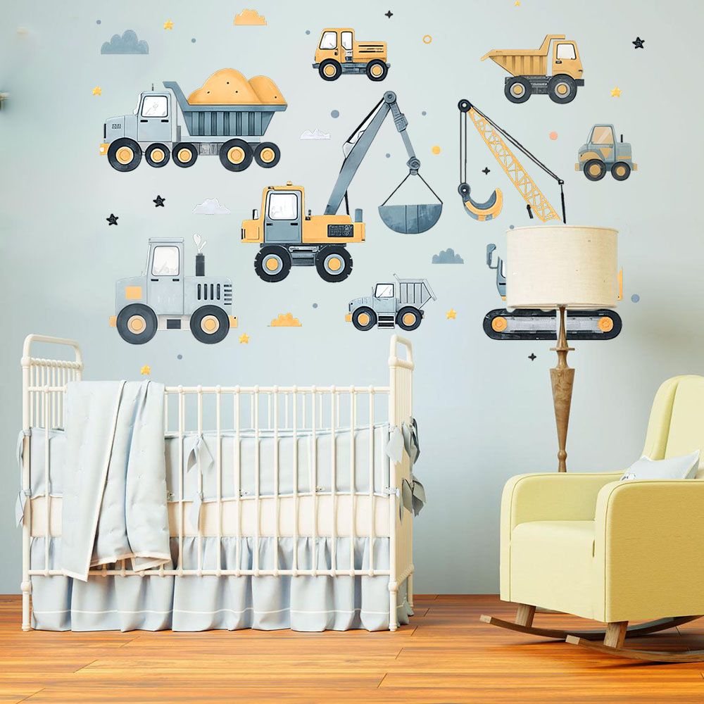 Baby Nursery Wall Decals - مجموعة مركبات حفارة كرتونية ملصق حائط