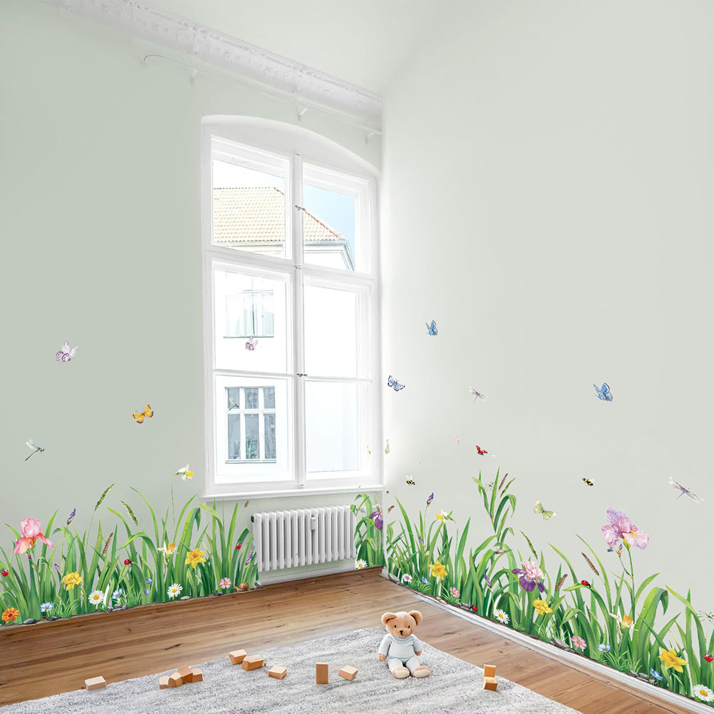 Baby Nursery Green - العشب الأخضر الزهور Borader الجدار ملصق