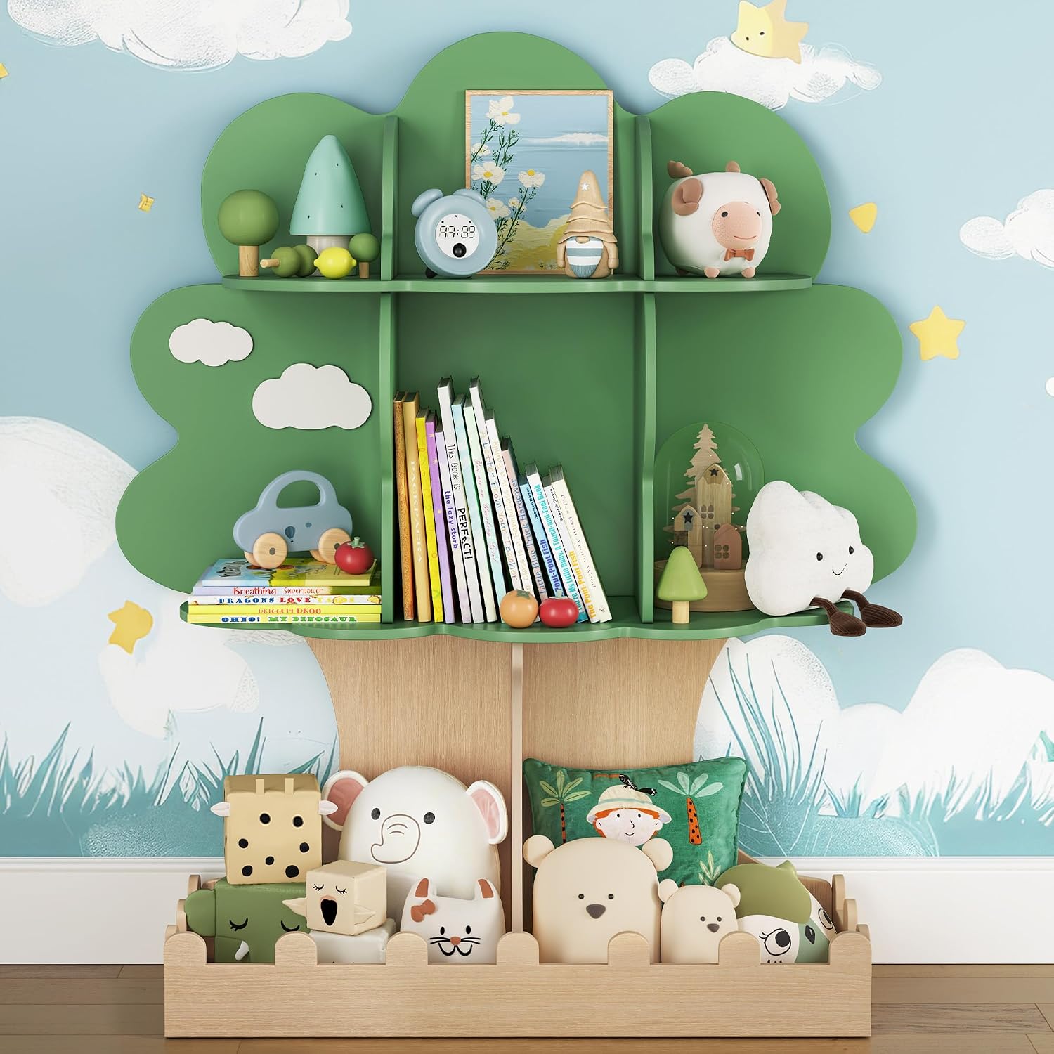 Baby Nursery Green - رف كتب خشبي للأطفال على شكل