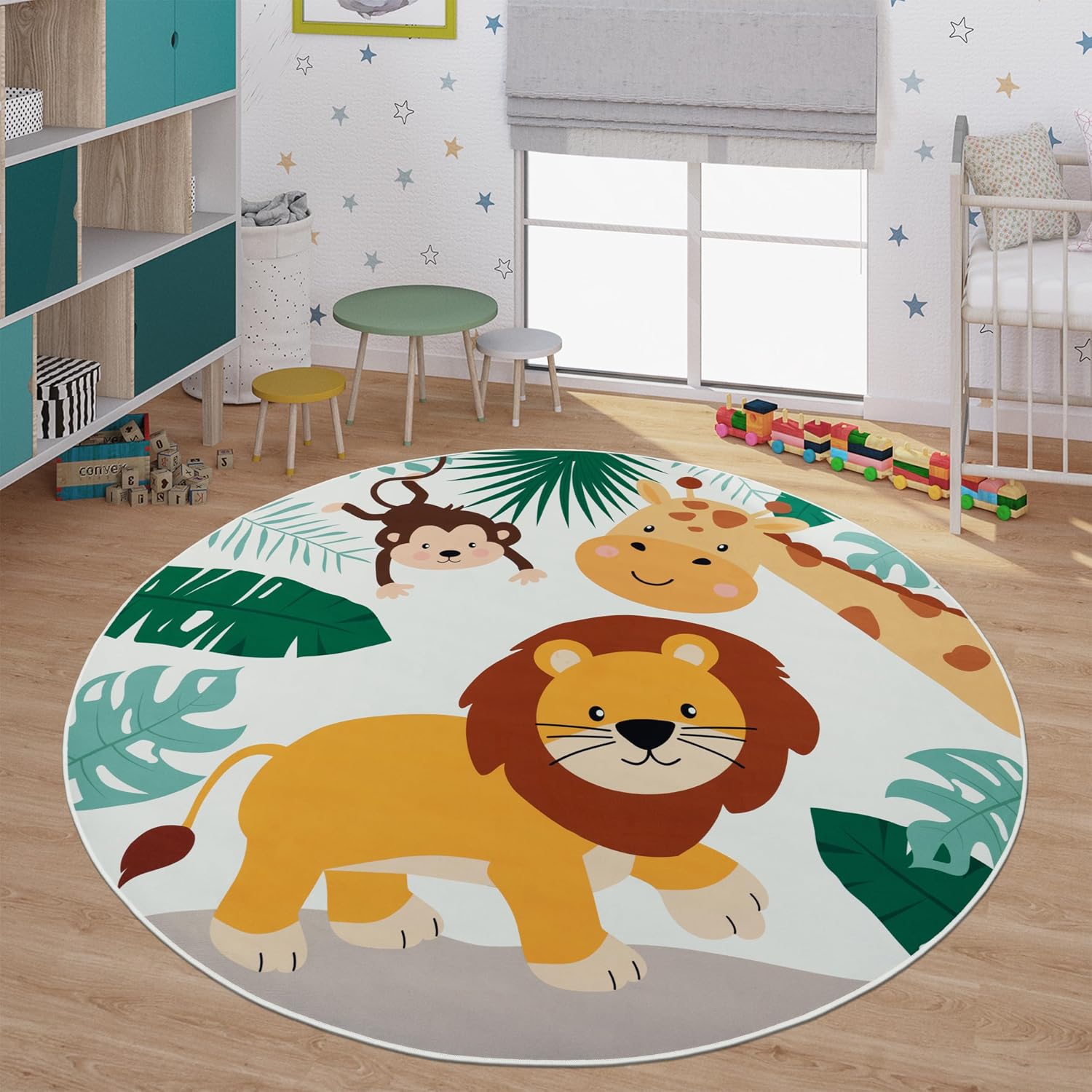 Baby Nursery Animal Theme - سجادة لعب ناعمة مستديرة للأطفال بطبعة